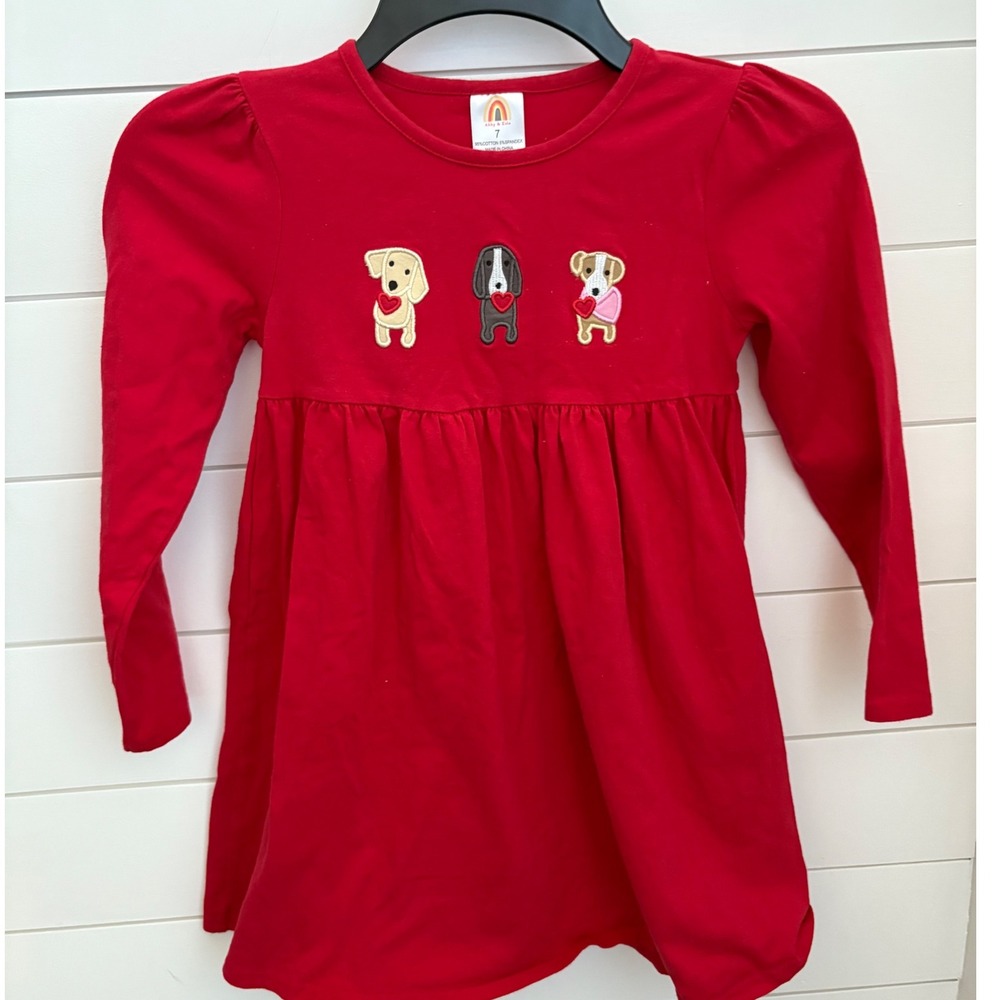 Abby‎ & Evie Red Dog Heart Applique Long Sleeve Dress Size 7 Cotton Spandex